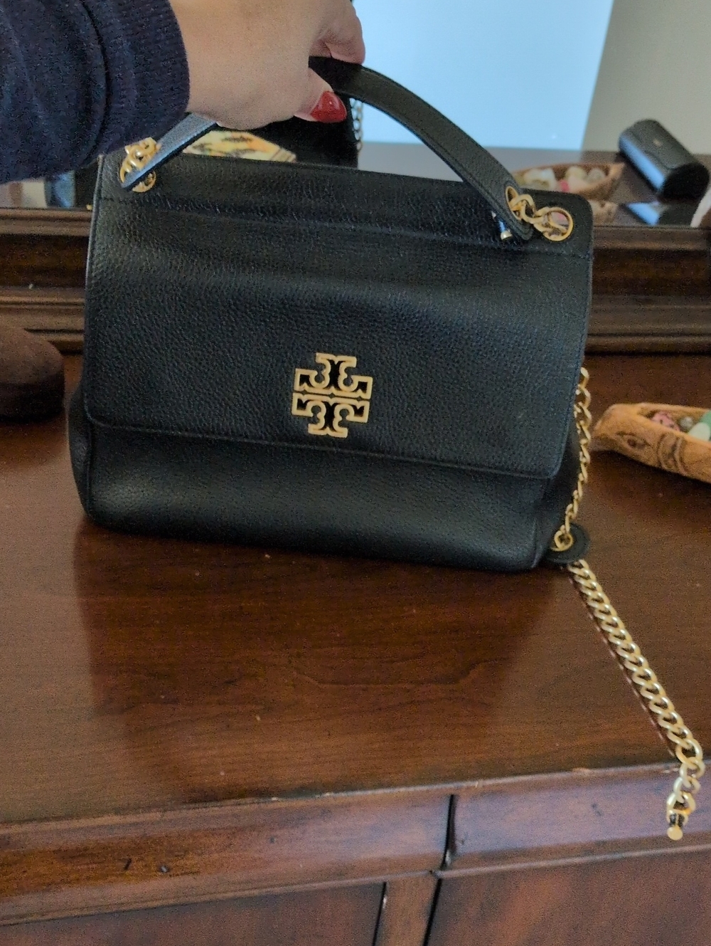 Tory Burch Black Leather Top-Handle Satchel with Gold Hardware